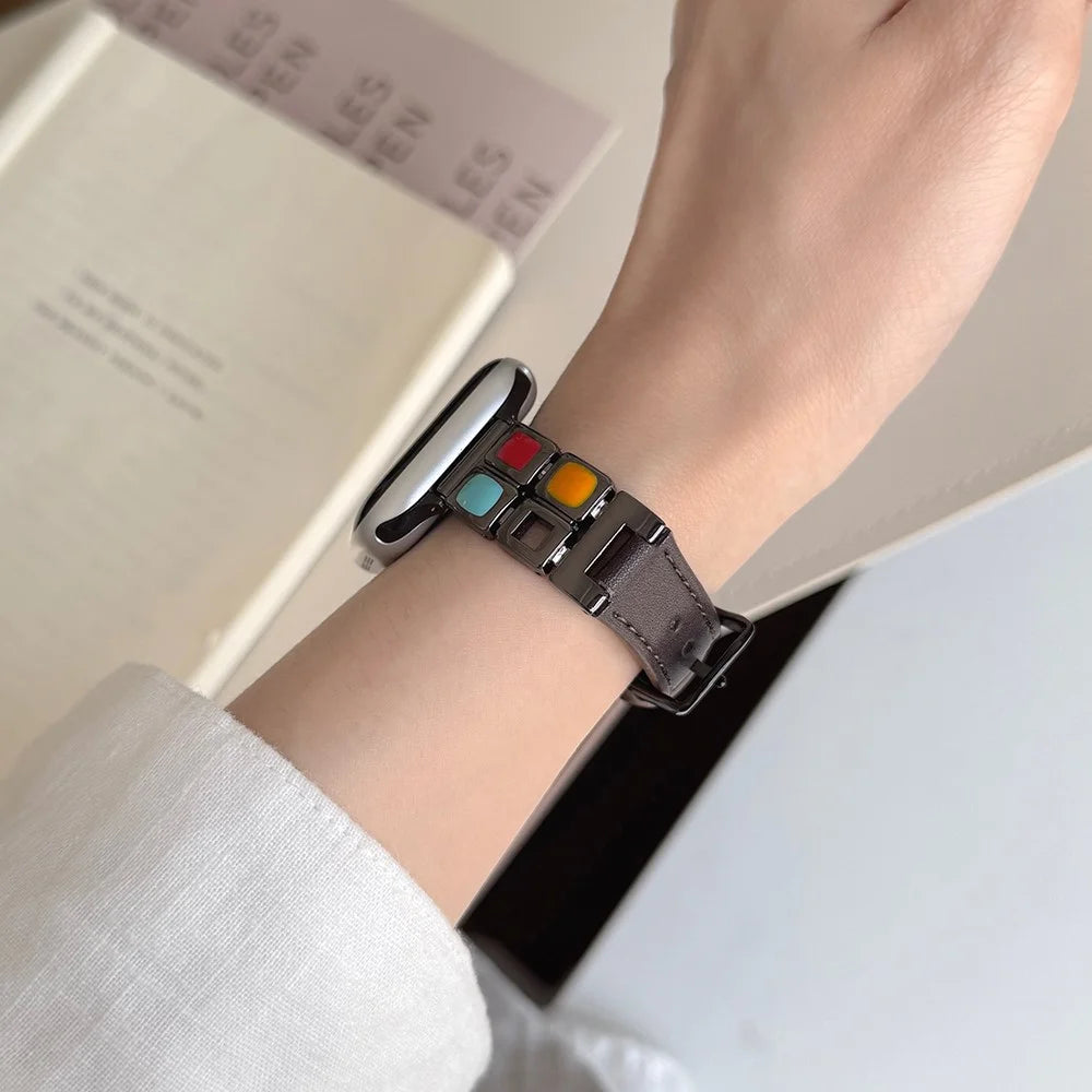 Leather Strap for Apple Watch Ultra 3 2 1 49mm / Series 11 10 46mm / 9 8 7 45mm / SE3 SE2 SE 6 5 4 44mm / 3 2 1 42mm Eyeshadow Palette Watch Band - Dark Brown / Black Buckle - 4