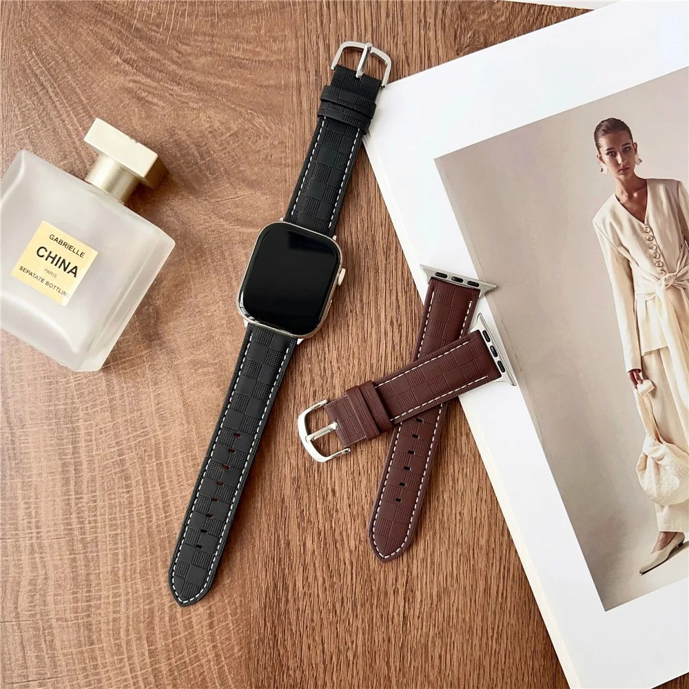 Watch Band for Apple Watch Series 11 10 42mm / 9 8 7 41mm / SE3 SE2 SE 6 5 4 40mm / 3 2 1 38mm Plaid Texture Adjustable Leather Wrist Strap - Grey - 6