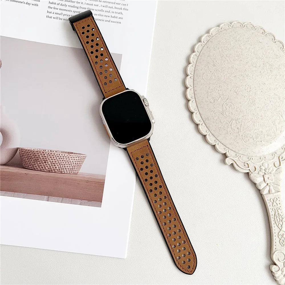 Watch Band For Apple Watch Series 11 10 42mm / 9 8 7 41mm / SE3 SE2 SE 6 5 4 40mm / 3 2 1 38mm Magnetic Buckle Perforated Silicone Strap - Matte Light Brown - 2