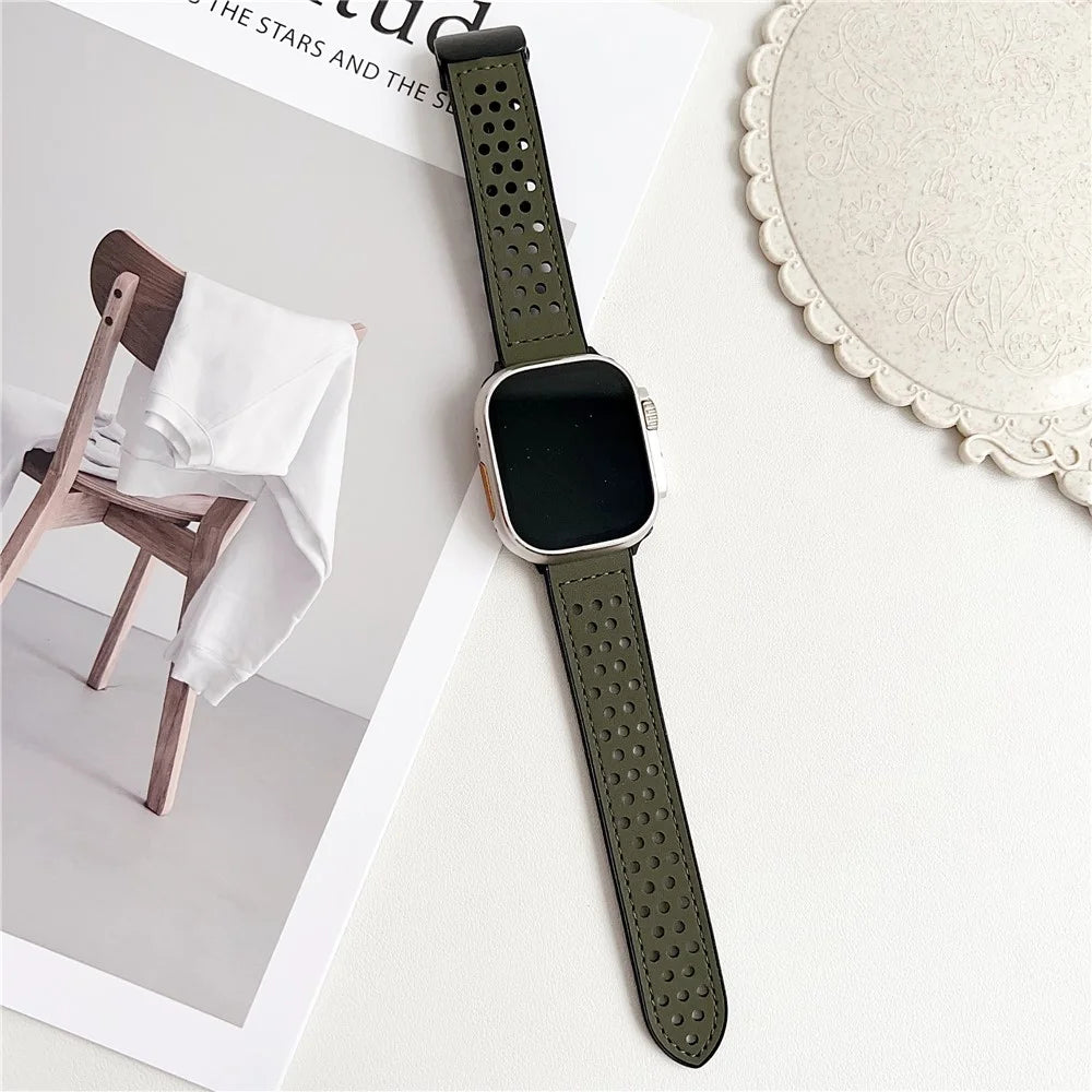 Watch Band For Apple Watch Ultra 3 2 1 49mm / Series 11 10 46mm / 9 8 7 45mm / SE3 SE2 SE 6 5 4 44mm / 3 2 1 42mm Magnetic Buckle Perforated Silicone Strap - Matte Army Green - 2