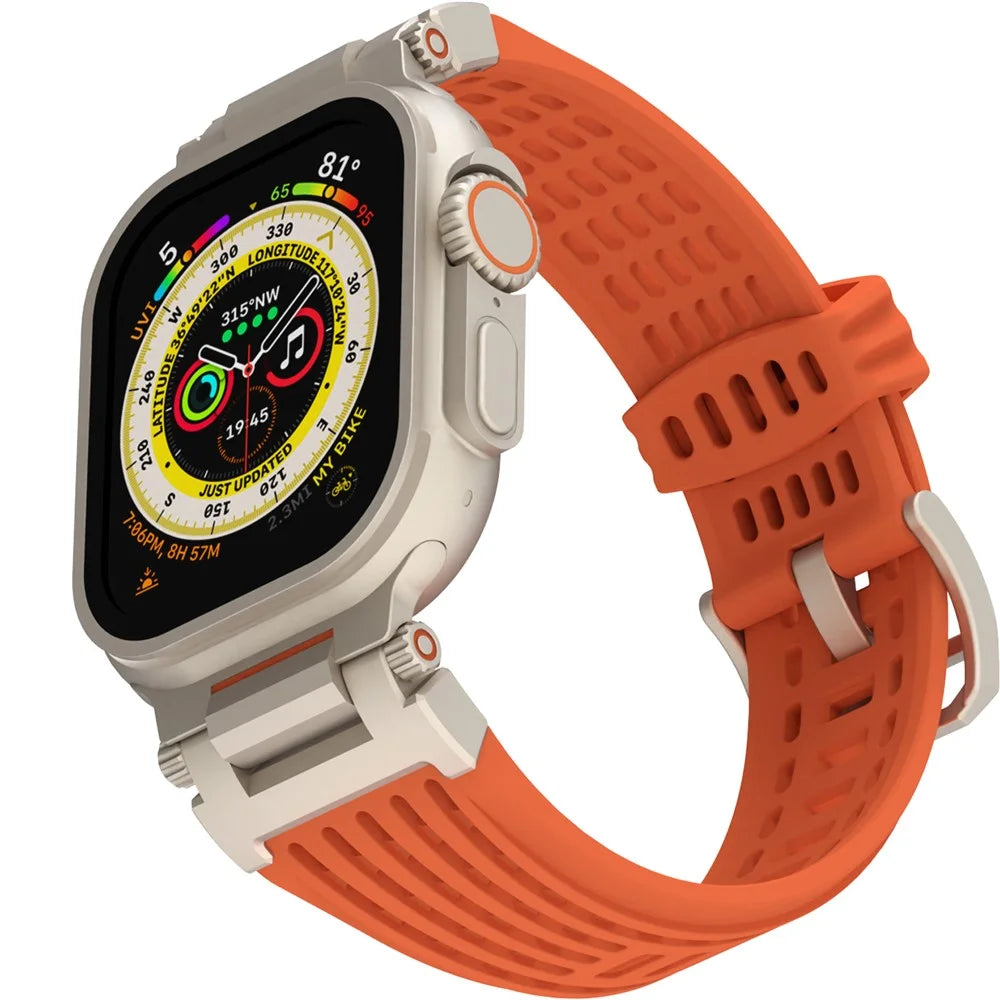 Silicone Strap for Apple Watch Ultra 3 2 1 49mm / Series 11 10 46mm / 9 8 7 45mm / SE3 SE2 SE 6 5 4 44mm / 3 2 1 42mm Watchband Ventilated Mech Armor Design - Orange - 2