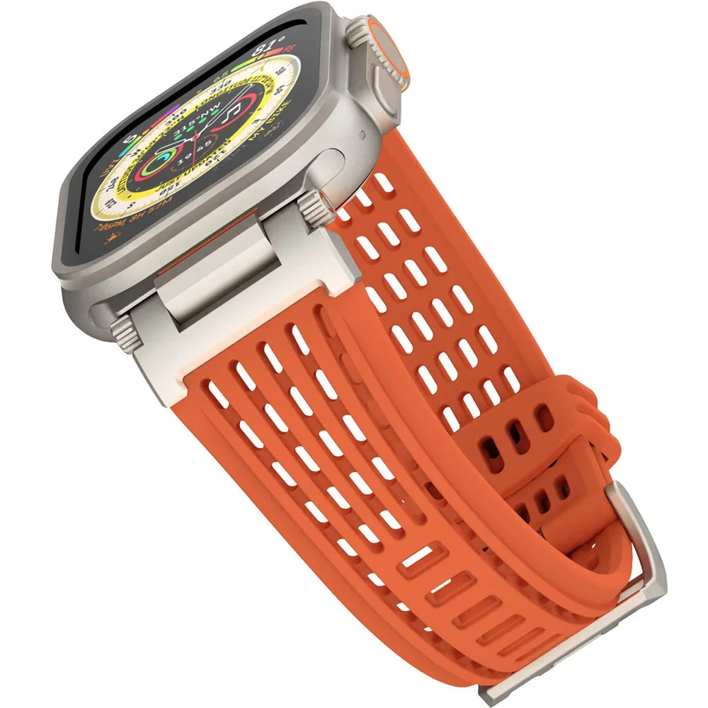 Silicone Strap for Apple Watch Ultra 3 2 1 49mm / Series 11 10 46mm / 9 8 7 45mm / SE3 SE2 SE 6 5 4 44mm / 3 2 1 42mm Watchband Ventilated Mech Armor Design - Orange - 3
