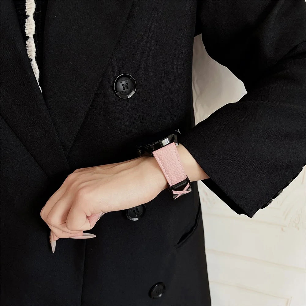 For Samsung Galaxy Watch7 44mm  /  40mm Watch Band 20mm Magnetic X-Buckle Litchi Texture Leather Strap - Black - 2