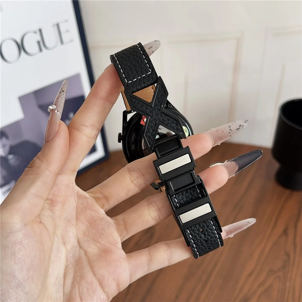 For Samsung Galaxy Watch7 44mm  /  40mm Watch Band 20mm Magnetic X-Buckle Litchi Texture Leather Strap - Black - 5