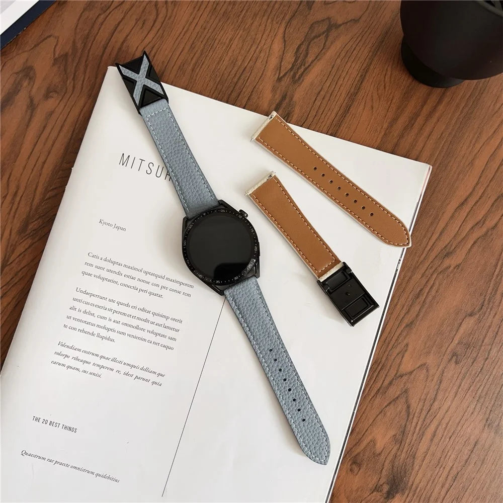 For Huawei Watch GT 5 46mm Watch Band 22mm Magnetic X-Buckle Litchi Texture Leather Strap - Beige - 4
