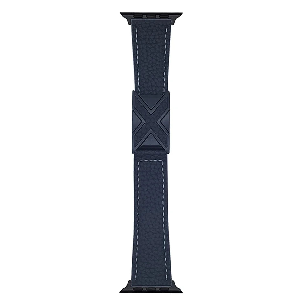Watch Band For Apple Watch Series 11 10 42mm / 9 8 7 41mm / SE3 SE2 SE 6 5 4 40mm / 3 2 1 38mm Magnetic X-Buckle Litchi Texture Leather Strap - Black - 1