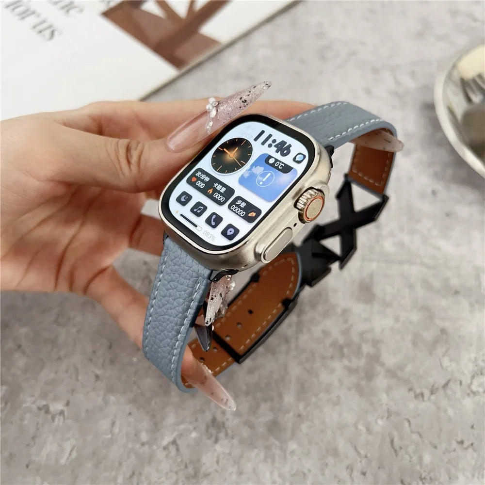 Watch Band For Apple Watch Series 11 10 42mm / 9 8 7 41mm / SE3 SE2 SE 6 5 4 40mm / 3 2 1 38mm Magnetic X-Buckle Litchi Texture Leather Strap - Black - 2