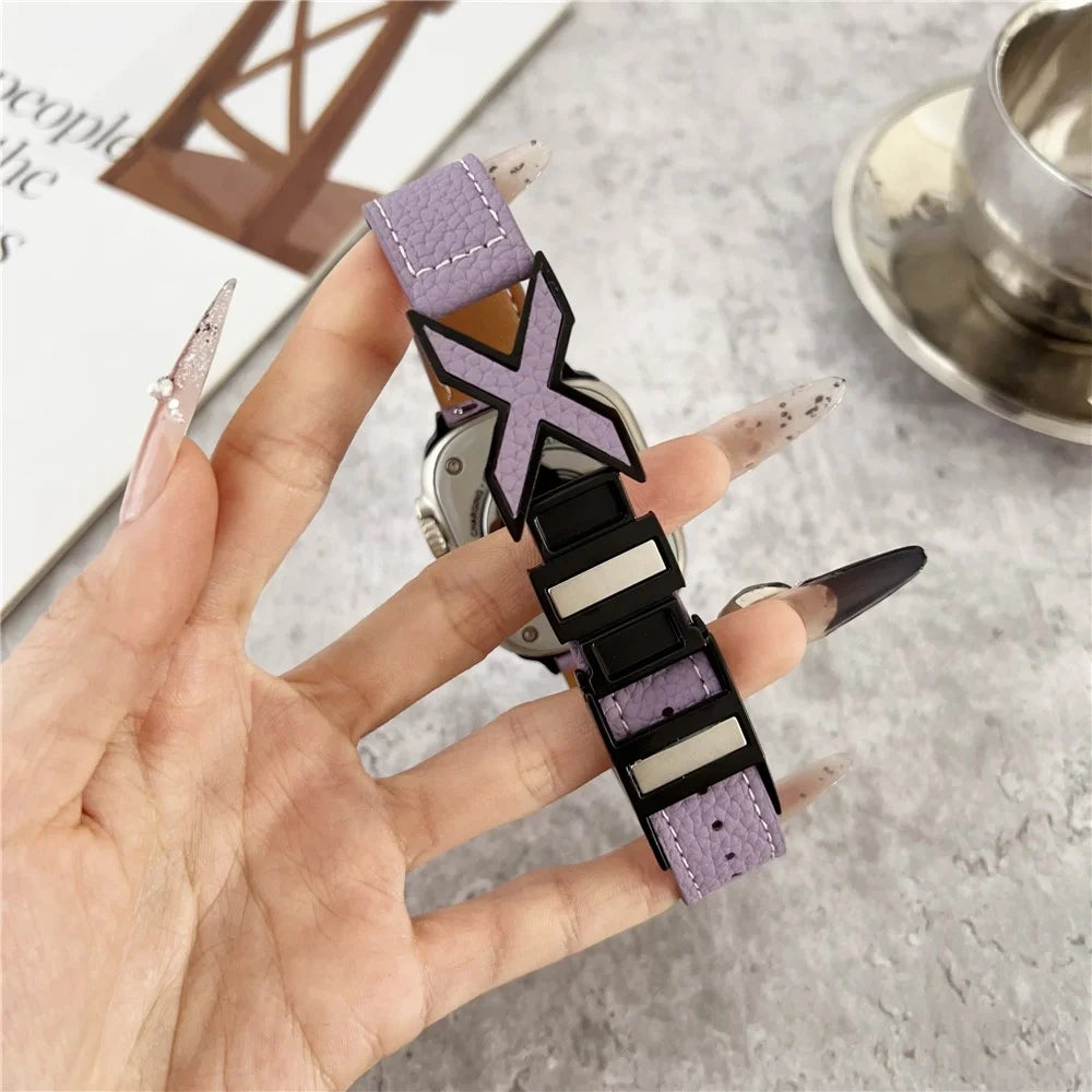 Watch Band For Apple Watch Series 11 10 42mm / 9 8 7 41mm / SE3 SE2 SE 6 5 4 40mm / 3 2 1 38mm Magnetic X-Buckle Litchi Texture Leather Strap - Black - 3