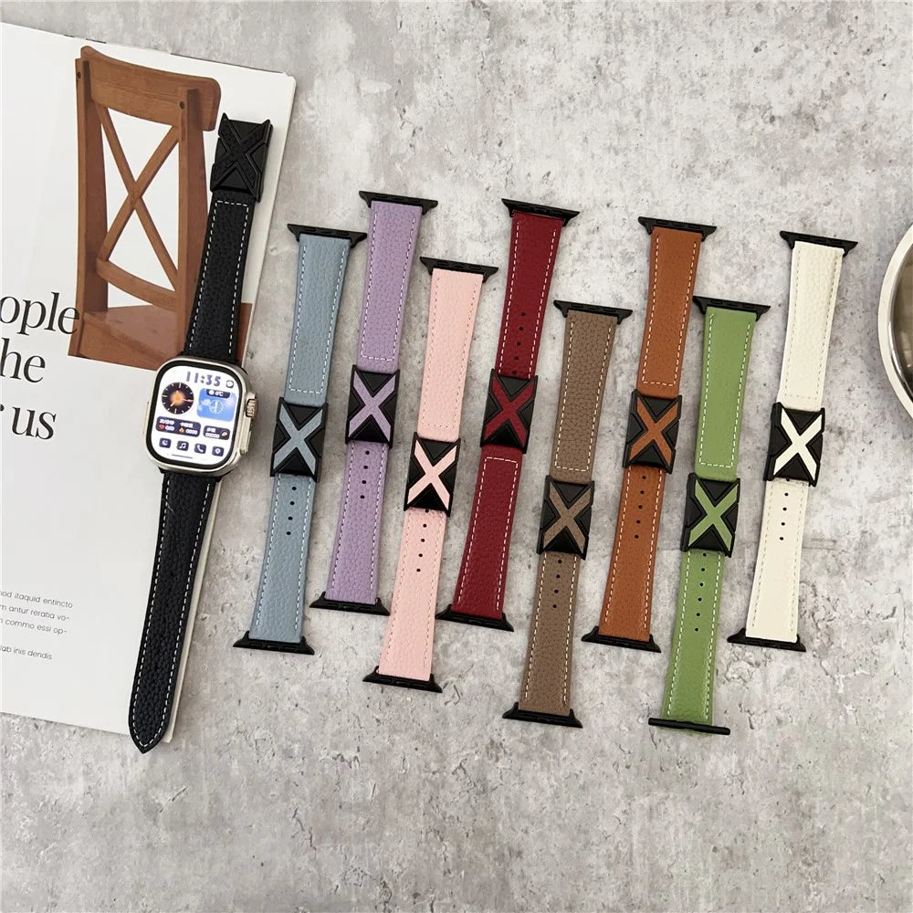 Watch Band For Apple Watch Series 11 10 42mm / 9 8 7 41mm / SE3 SE2 SE 6 5 4 40mm / 3 2 1 38mm Magnetic X-Buckle Litchi Texture Leather Strap - Black - 6