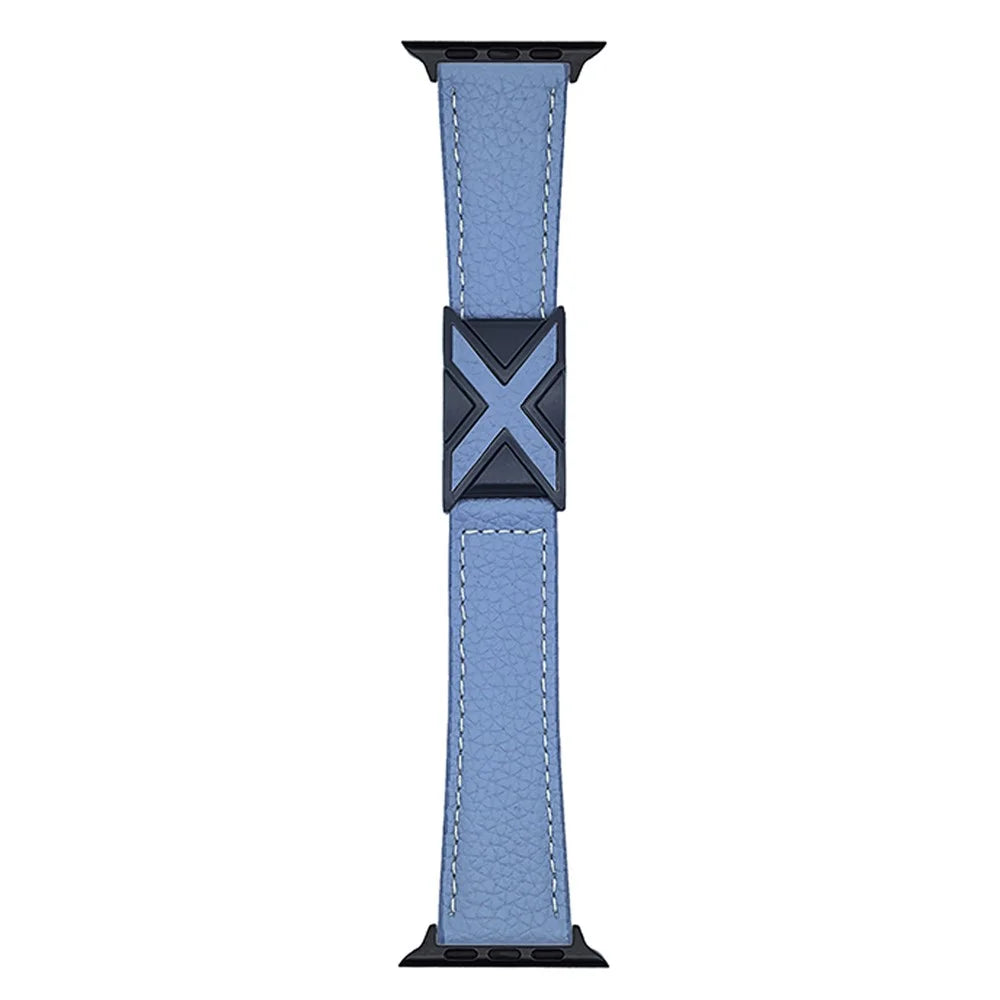 Watch Band For Apple Watch Ultra 3 2 1 49mm / Series 11 10 46mm / 9 8 7 45mm / SE3 SE2 SE 6 5 4 44mm / 3 2 1 42mm Magnetic X-Buckle Litchi Texture Leather Strap - Sky Blue - 1