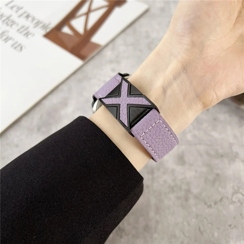 Watch Band For Apple Watch Ultra 3 2 1 49mm / Series 11 10 46mm / 9 8 7 45mm / SE3 SE2 SE 6 5 4 44mm / 3 2 1 42mm Magnetic X-Buckle Litchi Texture Leather Strap - Sky Blue - 4