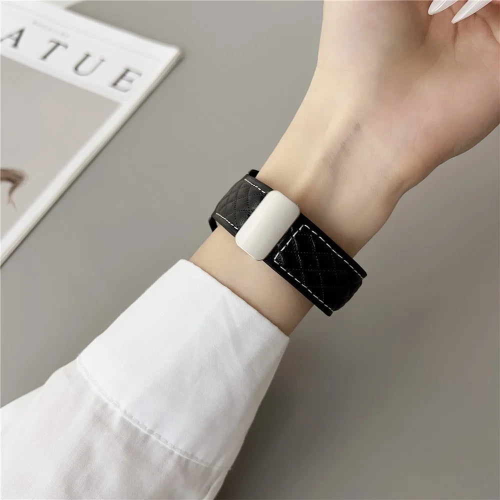 For Huawei Watch GT 5 41mm Watch Band 18mm Magnetic Starlight Buckle Rhombus Texture Leather Strap - Black - 2