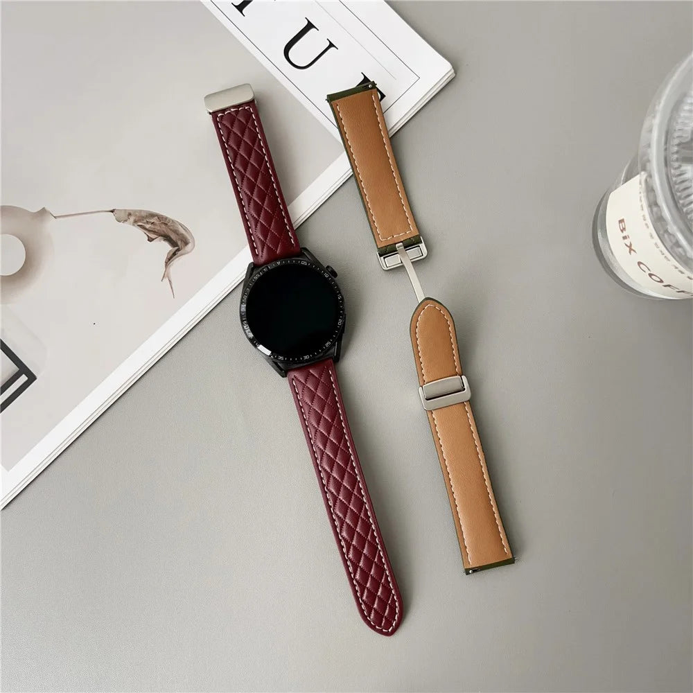 For Huawei Watch GT 5 41mm Watch Band 18mm Magnetic Starlight Buckle Rhombus Texture Leather Strap - Black - 3