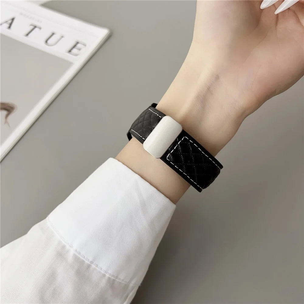 For Huawei Watch GT 5 46mm Watch Band 22mm Magnetic Starlight Buckle Rhombus Texture Leather Strap - Black - 3
