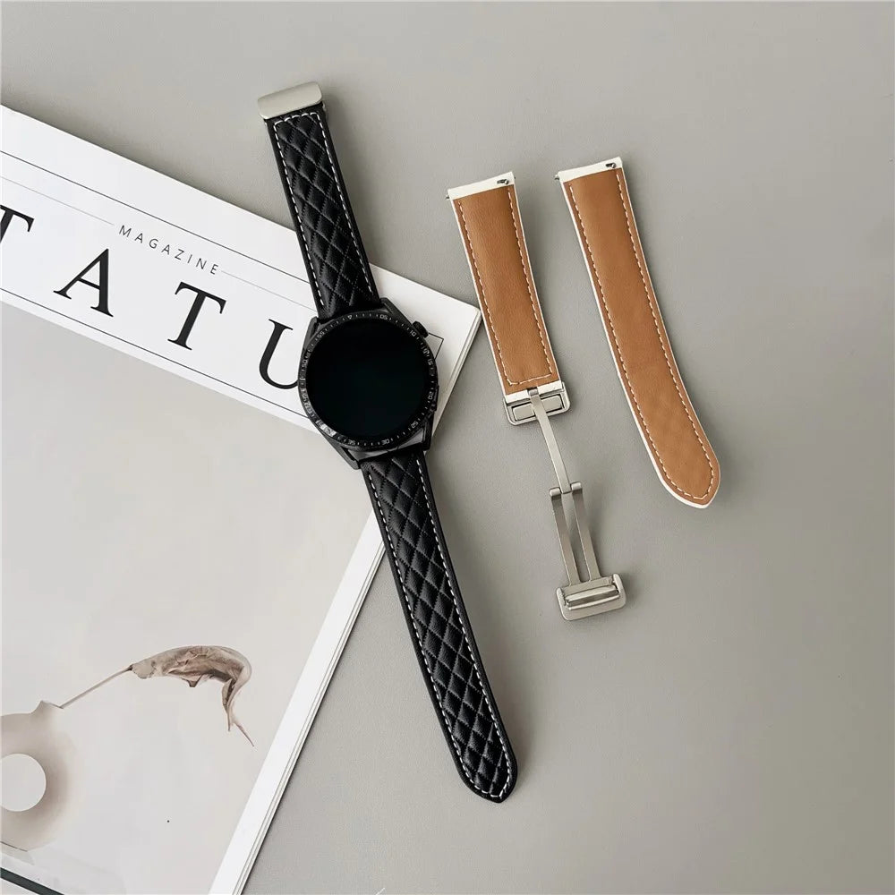 For Huawei Watch GT 5 46mm Watch Band 22mm Magnetic Starlight Buckle Rhombus Texture Leather Strap - Black - 4