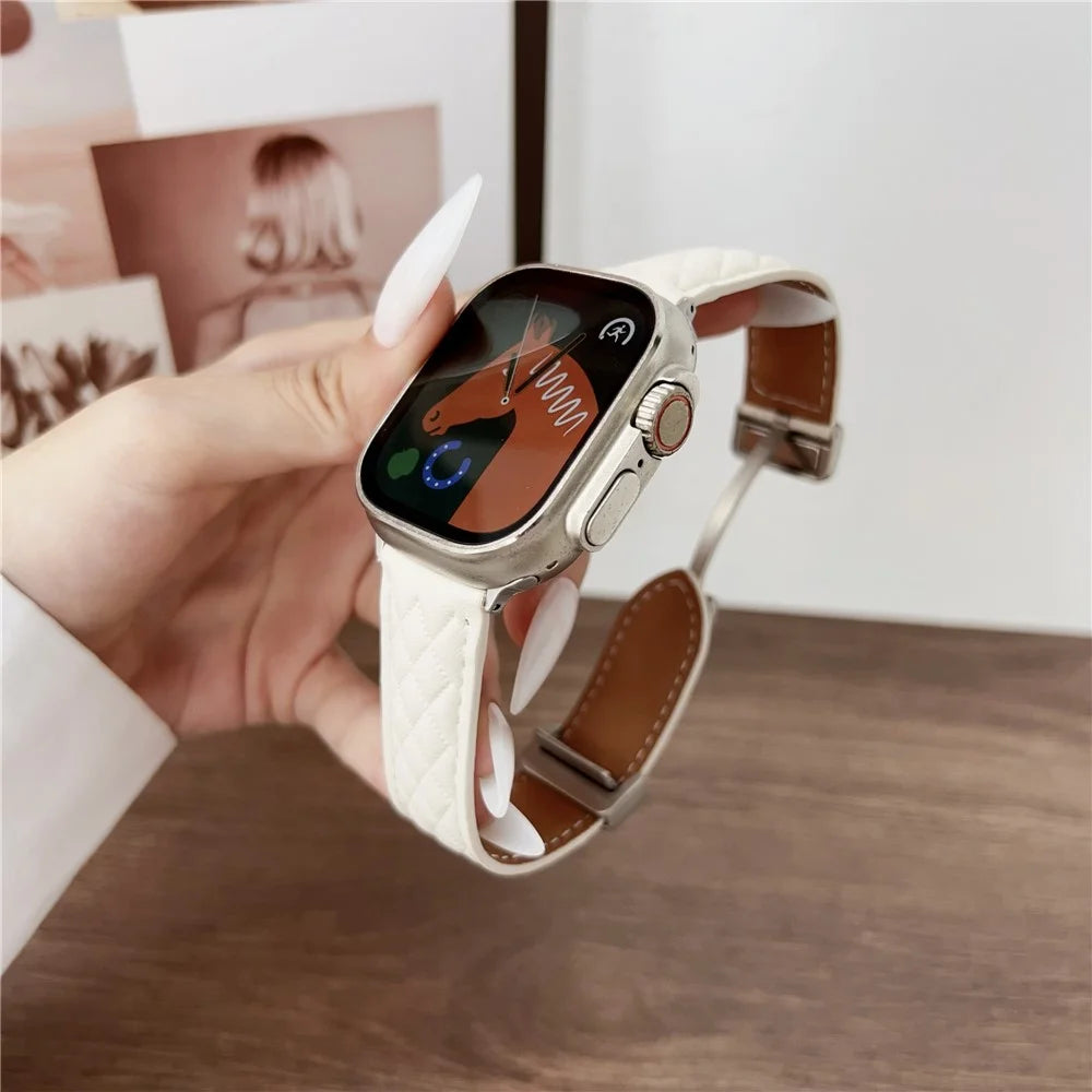 Watch Band For Apple Watch Series 11 10 42mm / 9 8 7 41mm / SE3 SE2 SE 6 5 4 40mm / 3 2 1 38mm Magnetic Starlight Buckle Rhombus Leather Strap - Beige - 2