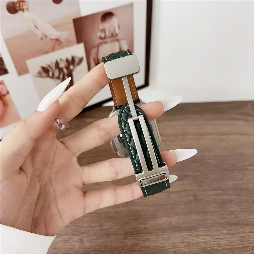 Watch Band For Apple Watch Series 11 10 42mm / 9 8 7 41mm / SE3 SE2 SE 6 5 4 40mm / 3 2 1 38mm Magnetic Starlight Buckle Rhombus Leather Strap - Beige - 3