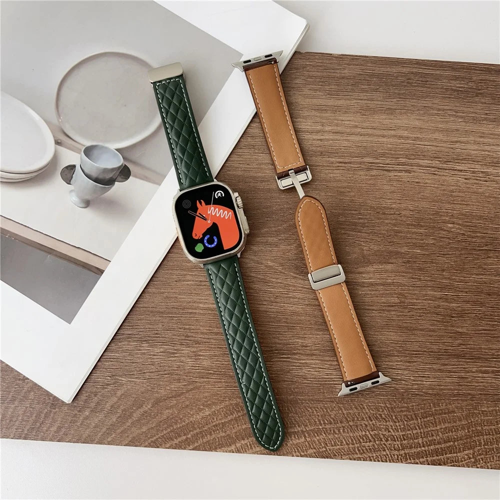 Watch Band For Apple Watch Series 11 10 42mm / 9 8 7 41mm / SE3 SE2 SE 6 5 4 40mm / 3 2 1 38mm Magnetic Starlight Buckle Rhombus Leather Strap - Beige - 5