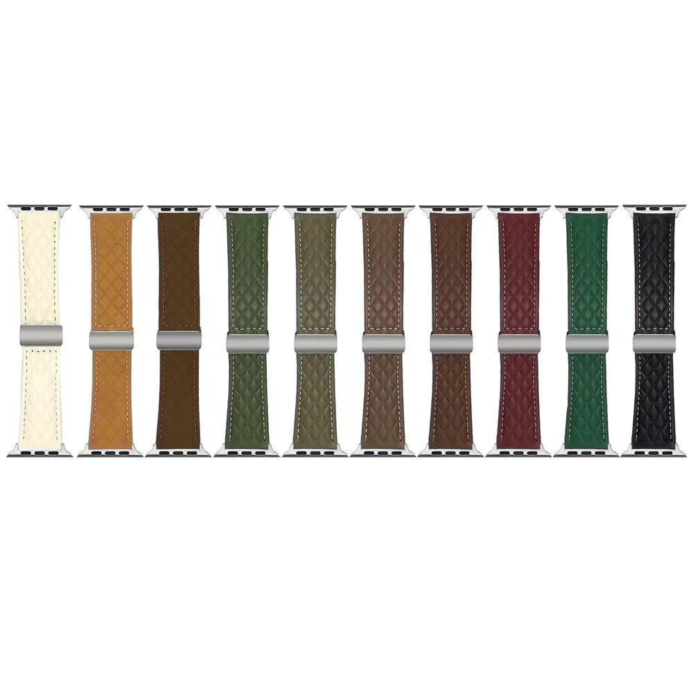 Watch Band For Apple Watch Series 11 10 42mm / 9 8 7 41mm / SE3 SE2 SE 6 5 4 40mm / 3 2 1 38mm Magnetic Starlight Buckle Rhombus Leather Strap - Beige - 7