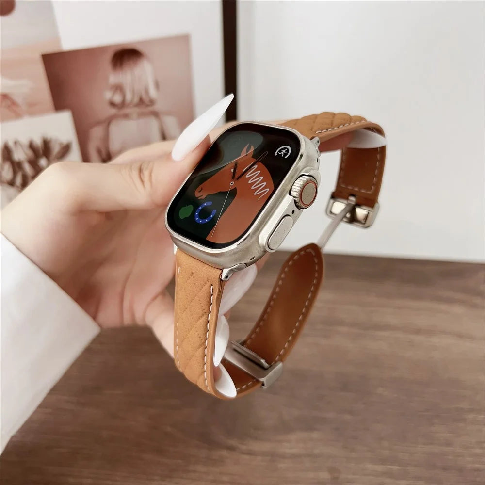 Watch Band For Apple Watch Ultra 3 2 1 49mm / Series 11 10 46mm / 9 8 7 45mm / SE3 SE2 SE 6 5 4 44mm / 3 2 1 42mm Magnetic Starlight Buckle Leather Strap - Matte Light Brown - 2
