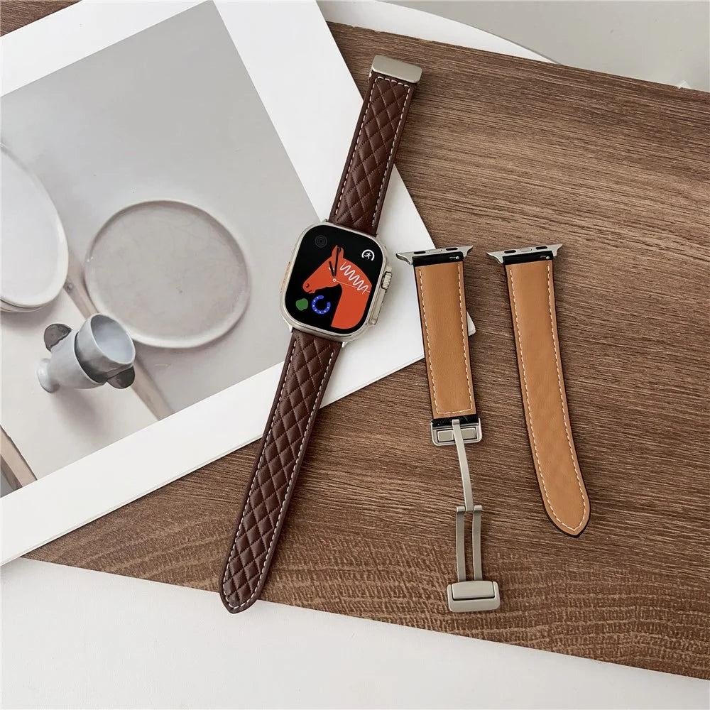 Watch Band For Apple Watch Ultra 3 2 1 49mm / Series 11 10 46mm / 9 8 7 45mm / SE3 SE2 SE 6 5 4 44mm / 3 2 1 42mm Magnetic Starlight Buckle Leather Strap - Matte Light Brown - 4