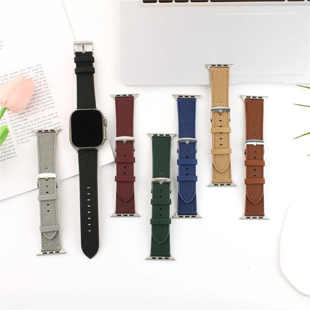 Watch Band For Apple Watch Series 11 10 42mm / 9 8 7 41mm / SE3 SE2 SE 6 5 4 40mm / 3 2 1 38mm Quick Release Buckle Dragon Scale Texture Leather Strap - Black - 7