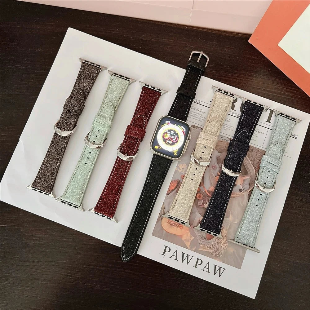 Adjustable Strap for Apple Watch Series 11 10 42mm / 9 8 7 41mm / SE3 SE2 SE 6 5 4 40mm / 3 2 1 38mm Glitter Leather Watch Band - Purple - 5