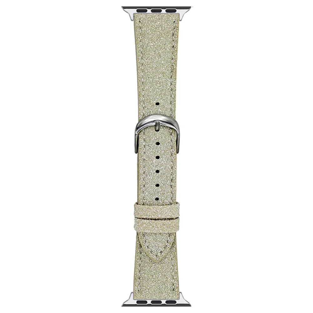 Adjustable Strap for Apple Watch Ultra 3 2 1 49mm / Series 11 10 46mm / 9 8 7 45mm / SE3 SE2 SE 6 5 4 44mm / 3 2 1 42mm Glitter Leather Watch Band - Beige - 1
