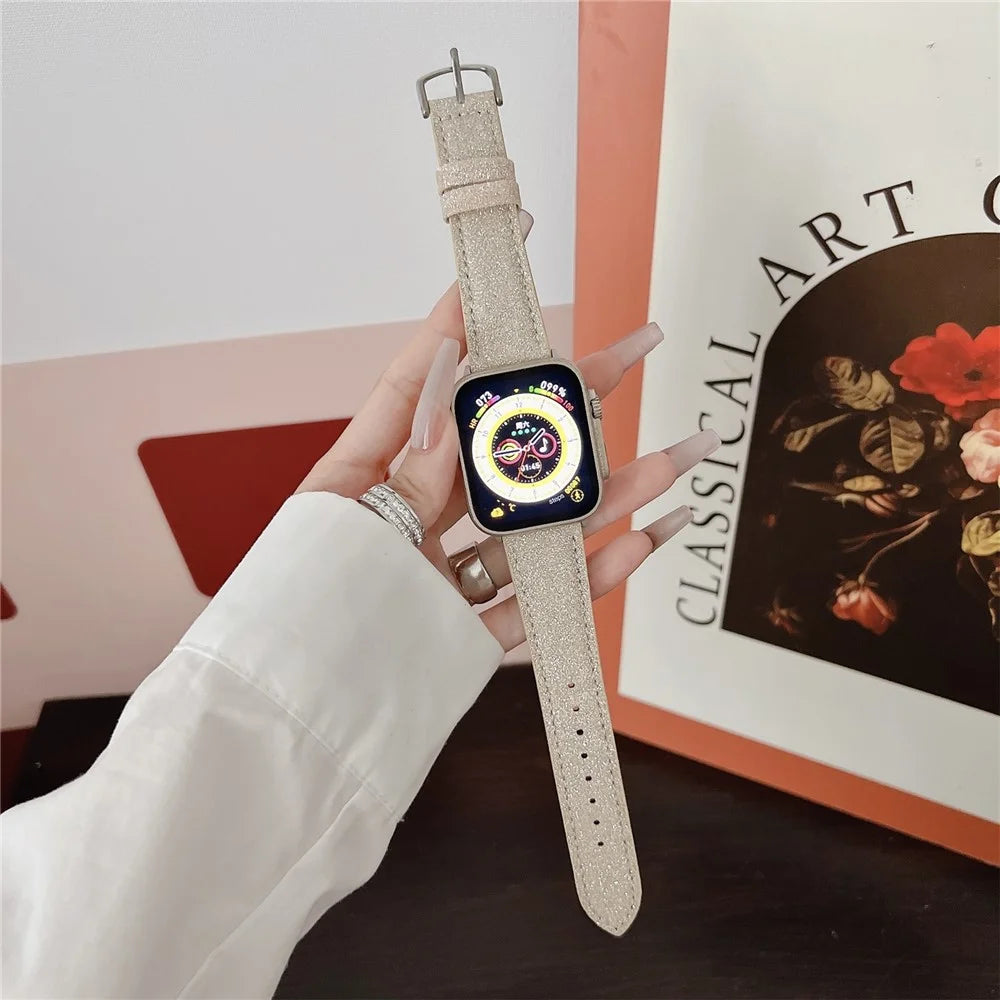 Adjustable Strap for Apple Watch Ultra 3 2 1 49mm / Series 11 10 46mm / 9 8 7 45mm / SE3 SE2 SE 6 5 4 44mm / 3 2 1 42mm Glitter Leather Watch Band - Beige - 2