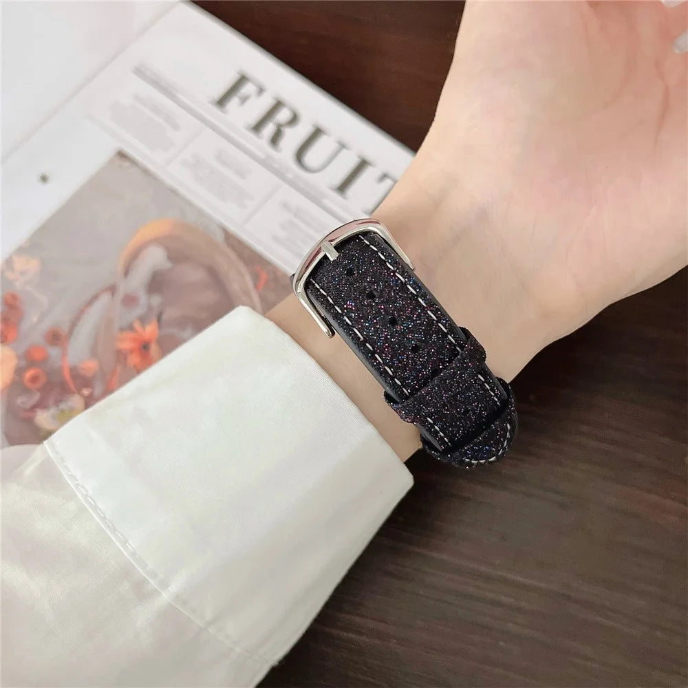 Adjustable Strap for Apple Watch Ultra 3 2 1 49mm / Series 11 10 46mm / 9 8 7 45mm / SE3 SE2 SE 6 5 4 44mm / 3 2 1 42mm Glitter Leather Watch Band - Beige - 6