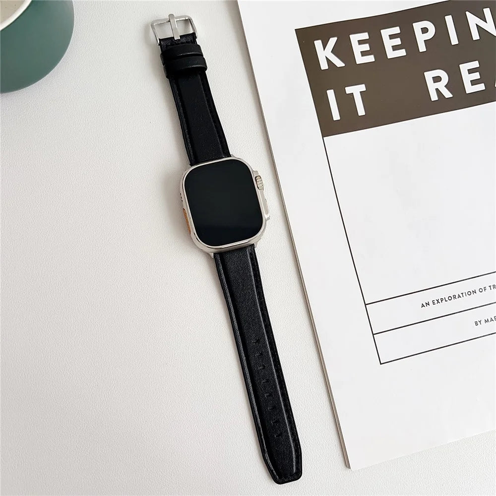 Watch Band for Apple Watch Series 11 10 42mm / 9 8 7 41mm / SE3 SE2 SE 6 5 4 40mm / 3 2 1 38mm Napa Texture PU Covered Silicone Strap - Black - 2