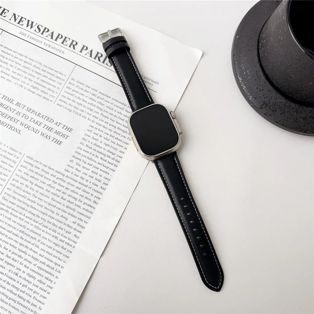 Watch Band for Apple Watch Ultra 3 2 1 49mm / Series 11 10 46mm / 9 8 7 45mm / SE3 SE2 SE 6 5 4 44mm / 3 2 1 42mm Nappa Texture Leather Wrist Strap - Black - 2
