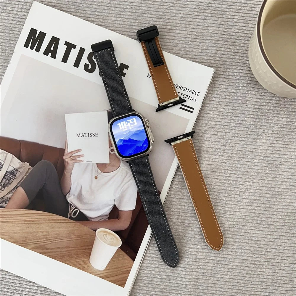 Watch Band For Apple Watch Ultra 3 2 1 49mm / Series 11 10 46mm / 9 8 7 45mm / SE3 SE2 SE 6 5 4 44mm / 3 2 1 42mm Magnetic Buckle Leather Nylon Wrist Strap - Coffee - 2