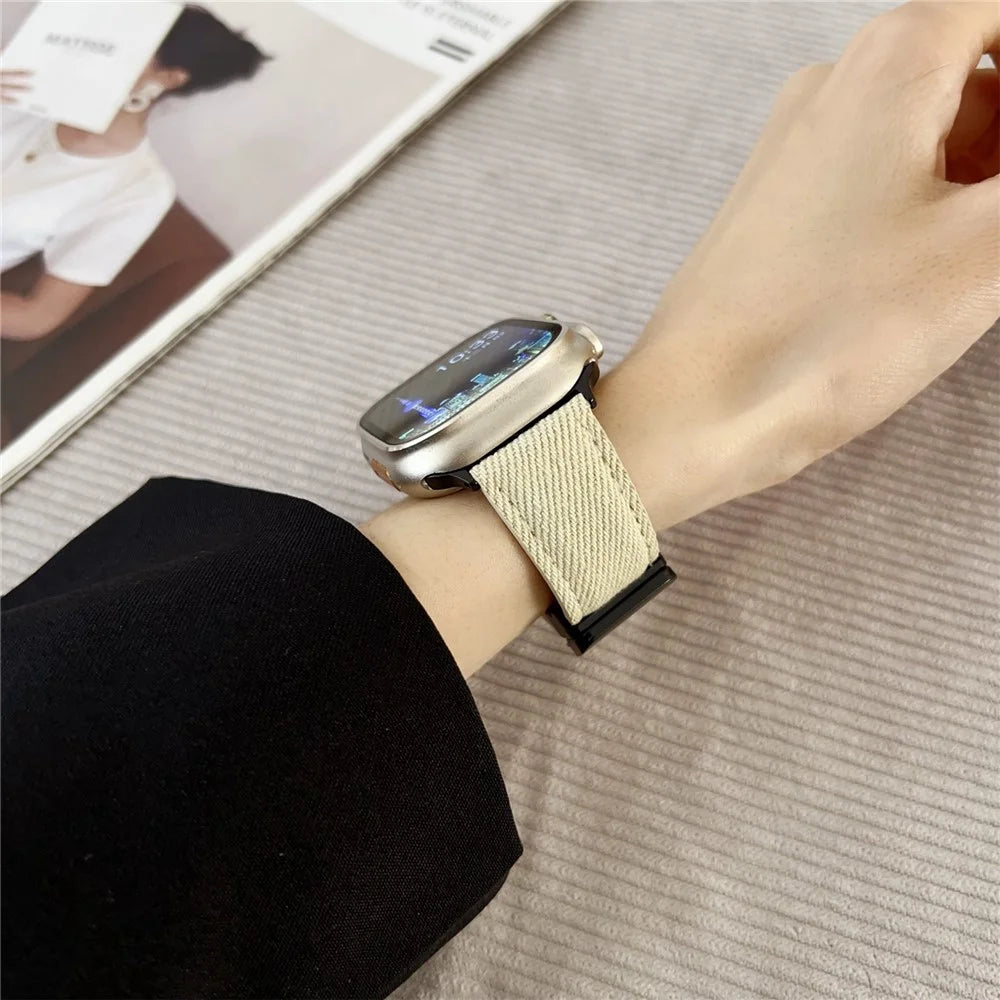 Watch Band For Apple Watch Ultra 3 2 1 49mm / Series 11 10 46mm / 9 8 7 45mm / SE3 SE2 SE 6 5 4 44mm / 3 2 1 42mm Magnetic Buckle Leather Nylon Wrist Strap - Coffee - 5