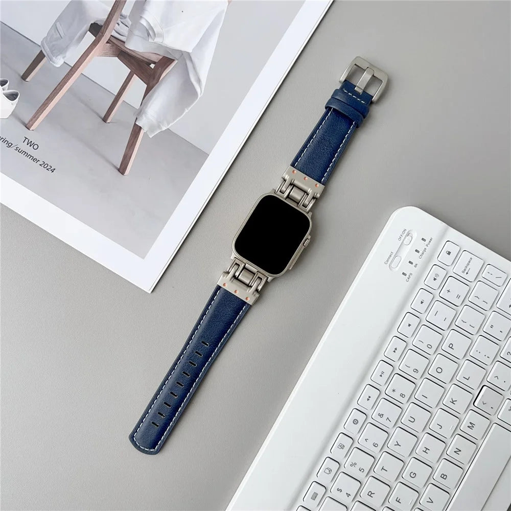 Leather Watch Band For Apple Watch Series 11 10 42mm / 9 8 7 41mm / SE3 SE2 SE 6 5 4 40mm / 3 2 1 38mm Crazy Horse Texture Wrist Strap - Dark Blue - 2