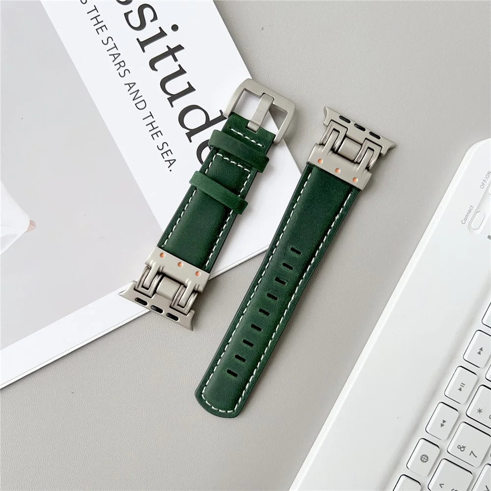 Leather Watch Band For Apple Watch Ultra 3 2 1 49mm / Series 11 10 46mm / 9 8 7 45mm / SE3 SE2 SE 6 5 4 44mm / 3 2 1 42mm Crazy Horse Texture Wrist Strap - Dark Blue - 3