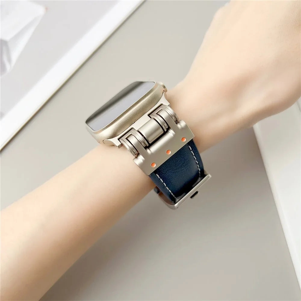 Leather Watch Band For Apple Watch Ultra 3 2 1 49mm / Series 11 10 46mm / 9 8 7 45mm / SE3 SE2 SE 6 5 4 44mm / 3 2 1 42mm Crazy Horse Texture Wrist Strap - Dark Blue - 4