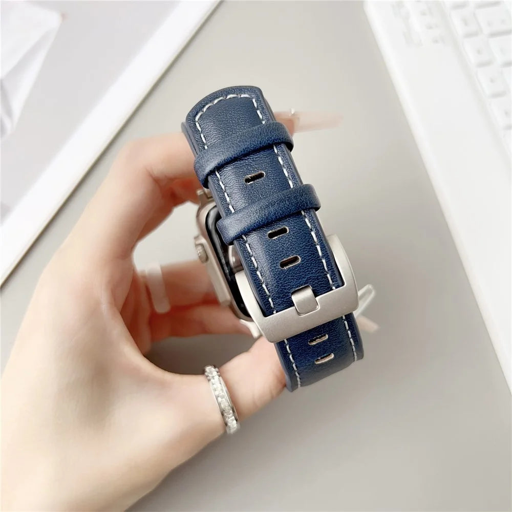 Leather Watch Band For Apple Watch Ultra 3 2 1 49mm / Series 11 10 46mm / 9 8 7 45mm / SE3 SE2 SE 6 5 4 44mm / 3 2 1 42mm Crazy Horse Texture Wrist Strap - Dark Blue - 6