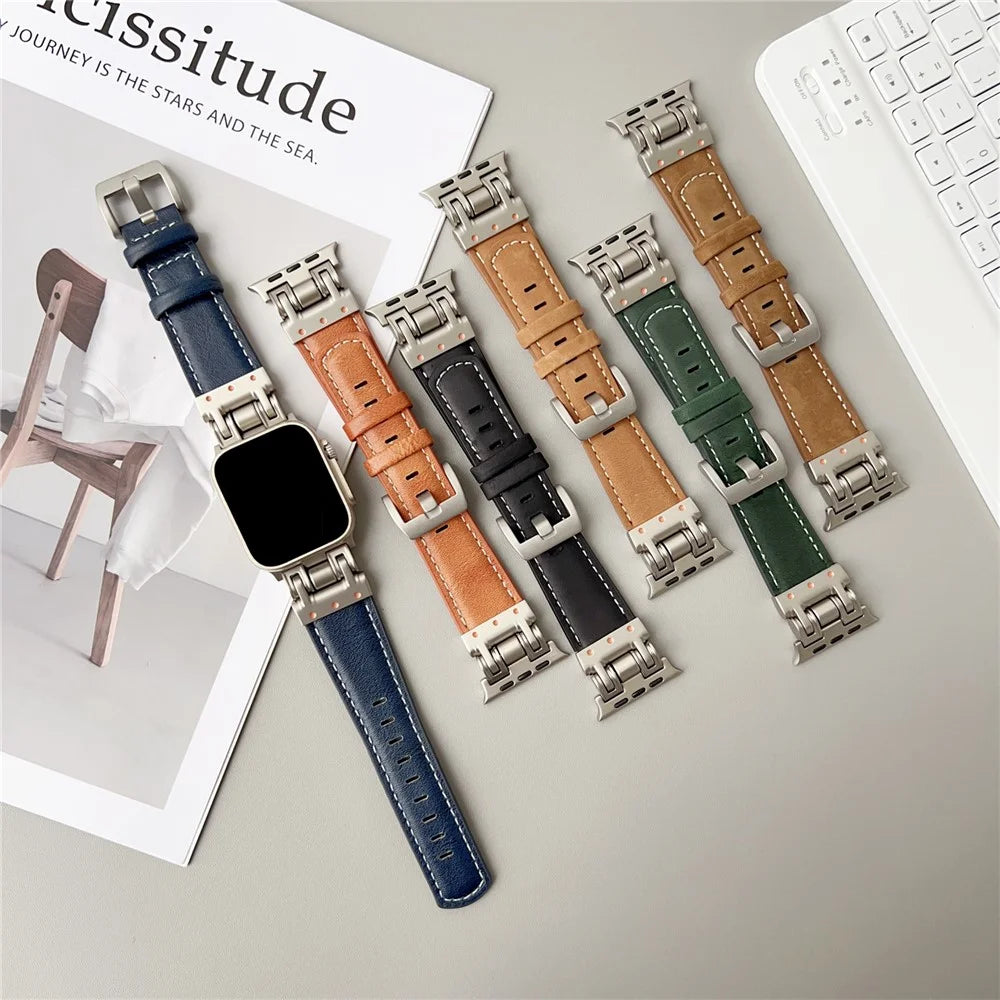 Leather Watch Band For Apple Watch Ultra 3 2 1 49mm / Series 11 10 46mm / 9 8 7 45mm / SE3 SE2 SE 6 5 4 44mm / 3 2 1 42mm Crazy Horse Texture Wrist Strap - Dark Blue - 7