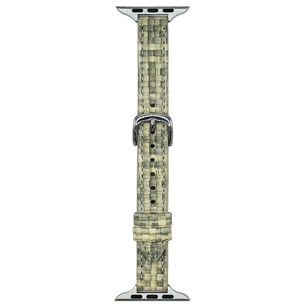 Leather Watch Band For Apple Watch Series 11 10 42mm / 9 8 7 41mm / SE3 SE2 SE 6 5 4 40mm / 3 2 1 38mm Straw Mat Texture Strap - Green - 1