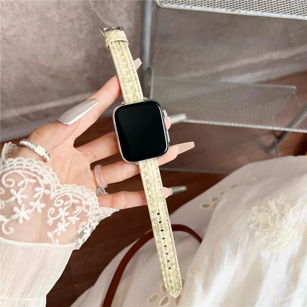 Leather Watch Band For Apple Watch Series 11 10 42mm / 9 8 7 41mm / SE3 SE2 SE 6 5 4 40mm / 3 2 1 38mm Straw Mat Texture Strap - Green - 2