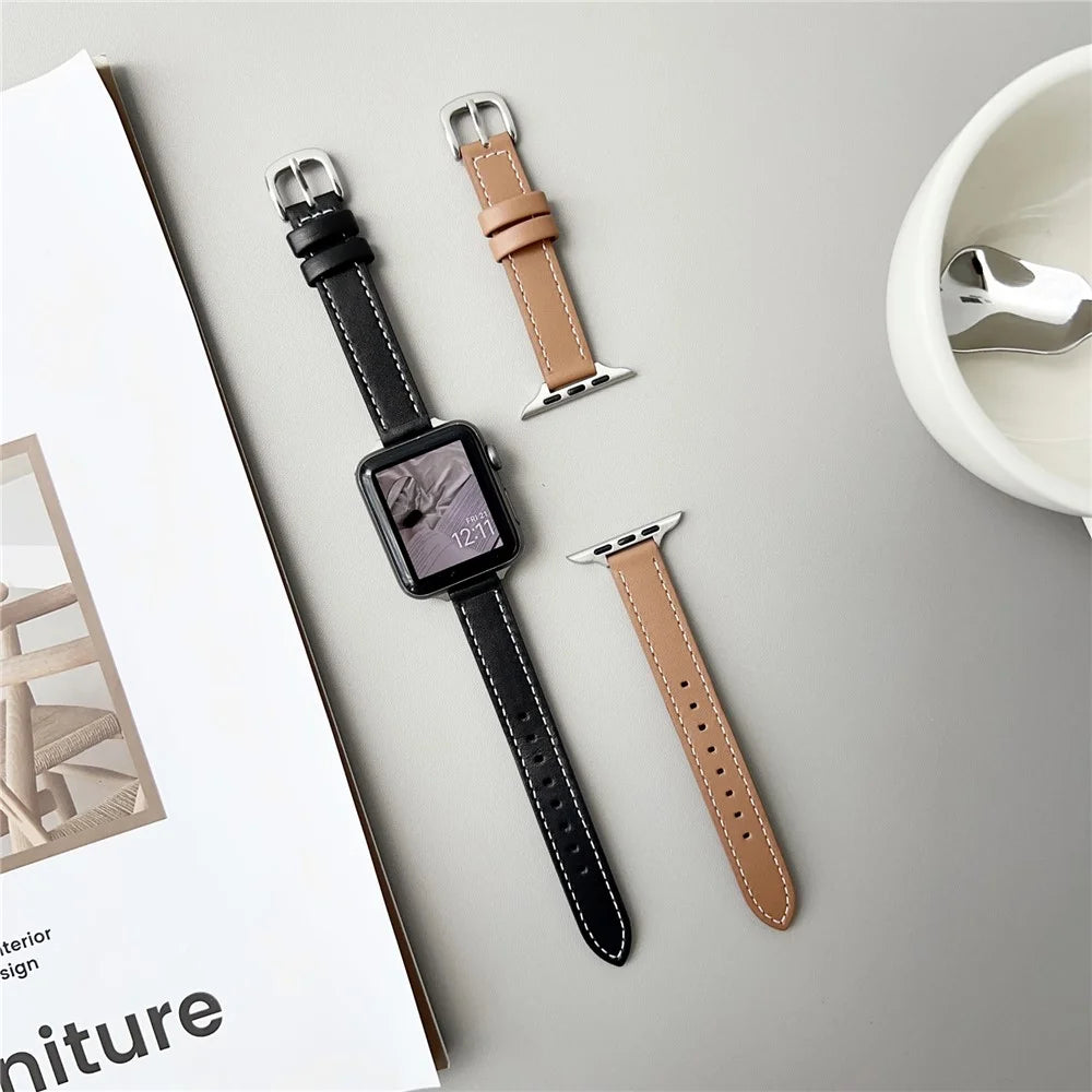 Genuine Lambskin Leather Bands For Apple Watch Series 11 10 42mm / 9 8 7 41mm / SE3 SE2 SE 6 5 4 40mm / 3 2 1 38mm Wrist Strap - Black - 7