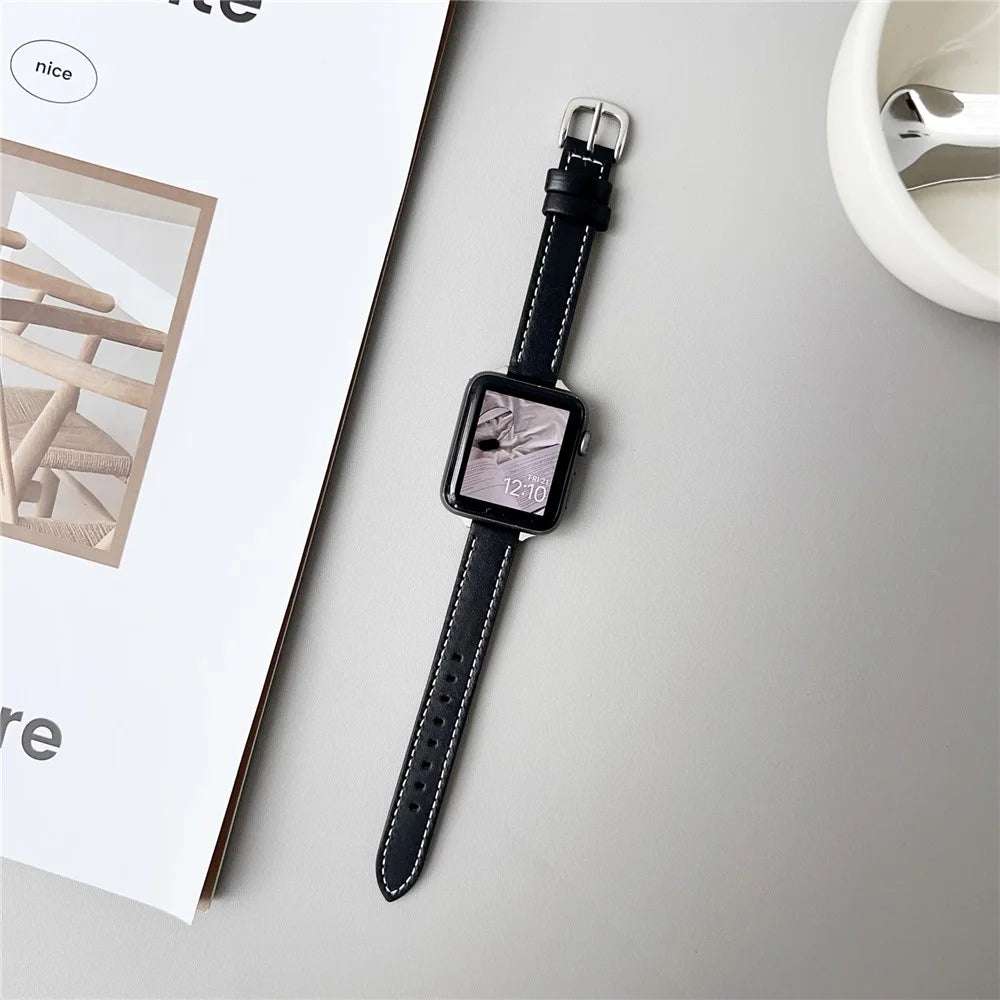 Genuine Lambskin Leather Bands For Apple Watch Ultra 3 2 1 49mm / Series 11 10 46mm / 9 8 7 45mm / SE3 SE2 SE 6 5 4 44mm / 3 2 1 42mm Wrist Strap - Black - 2