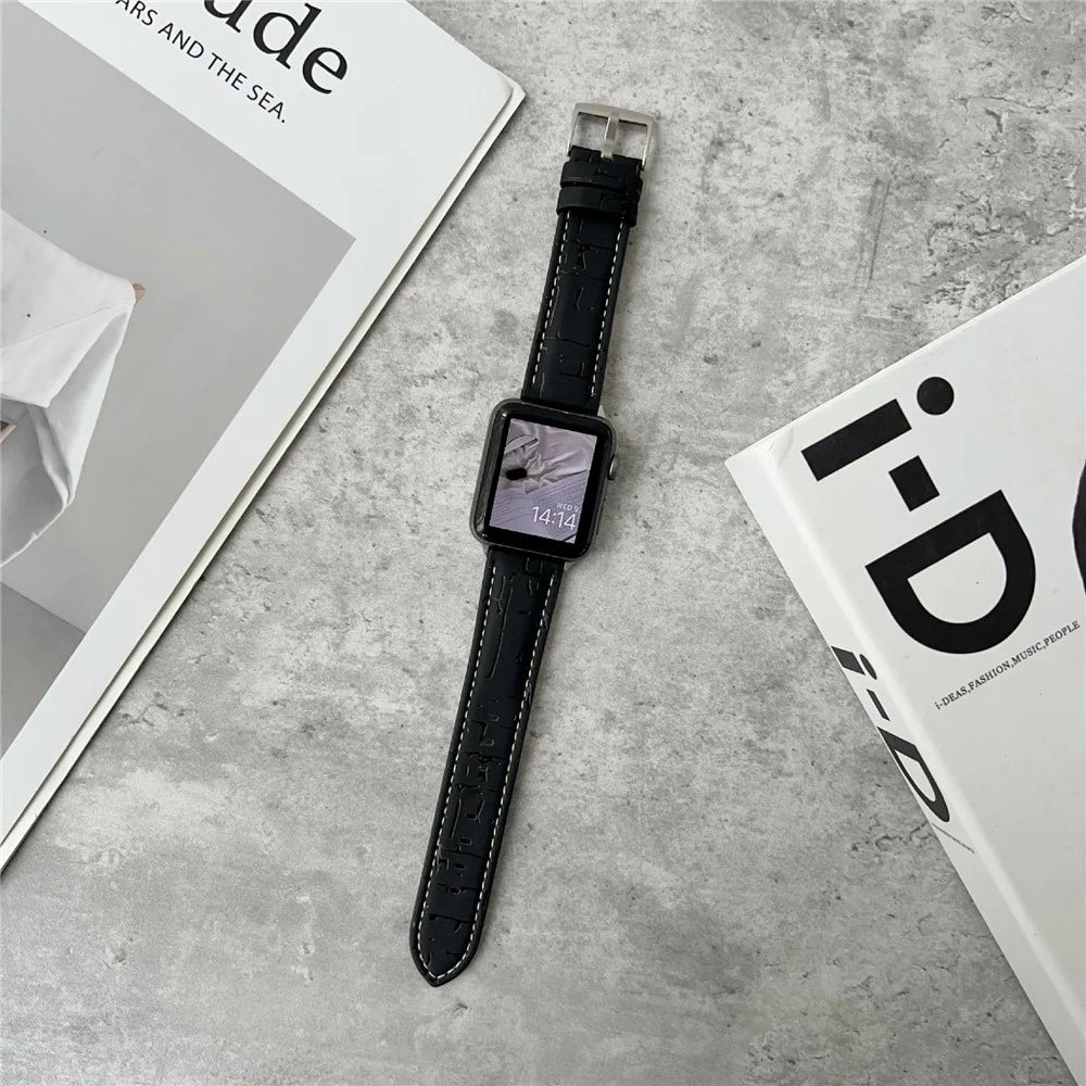 Leather Wrist Straps with Pattern For Apple Watch Series 11 10 42mm / 9 8 7 41mm / SE3 SE2 SE 6 5 4 40mm / 3 2 1 38mm Watch Bands - Black - 2