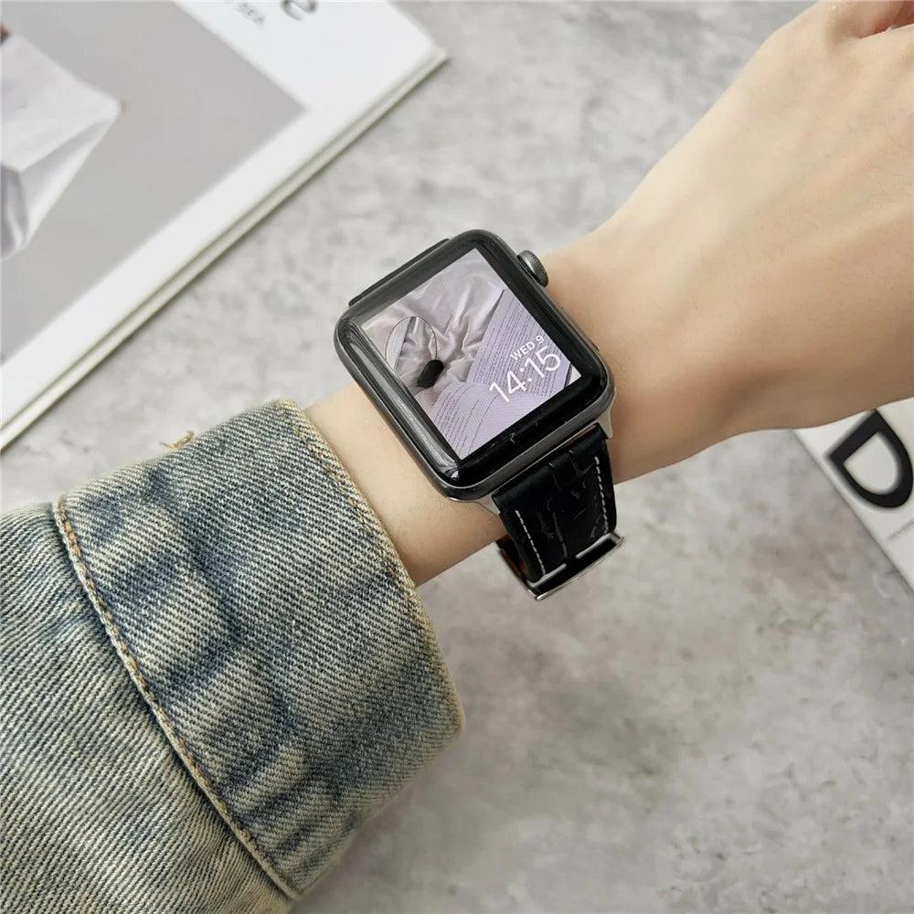 Leather Wrist Straps with Pattern For Apple Watch Series 11 10 42mm / 9 8 7 41mm / SE3 SE2 SE 6 5 4 40mm / 3 2 1 38mm Watch Bands - Black - 3