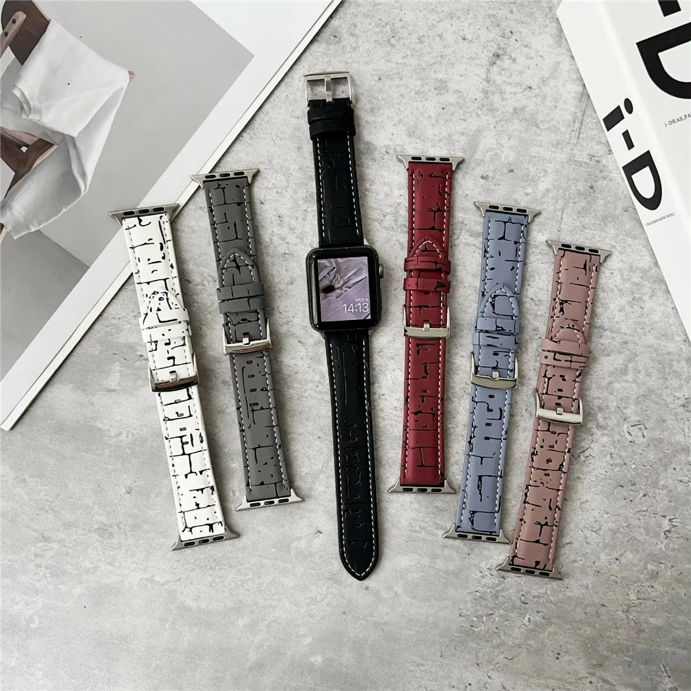 Leather Wrist Straps with Pattern For Apple Watch Series 11 10 42mm / 9 8 7 41mm / SE3 SE2 SE 6 5 4 40mm / 3 2 1 38mm Watch Bands - Black - 6