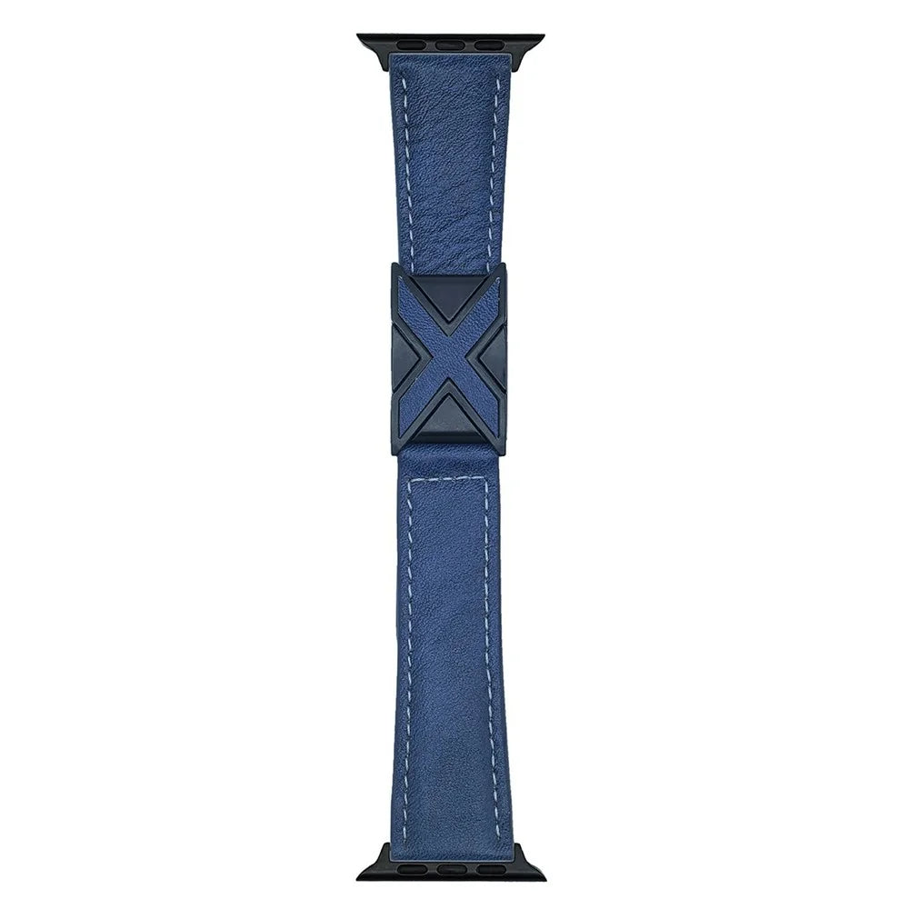 Genuine Leather Watch Band For Apple Watch Series 11 10 42mm / 9 8 7 41mm / SE3 SE2 SE 6 5 4 40mm / 3 2 1 38mm Strap with Magnetic Clasp X-Buckle - Dark Blue - 1