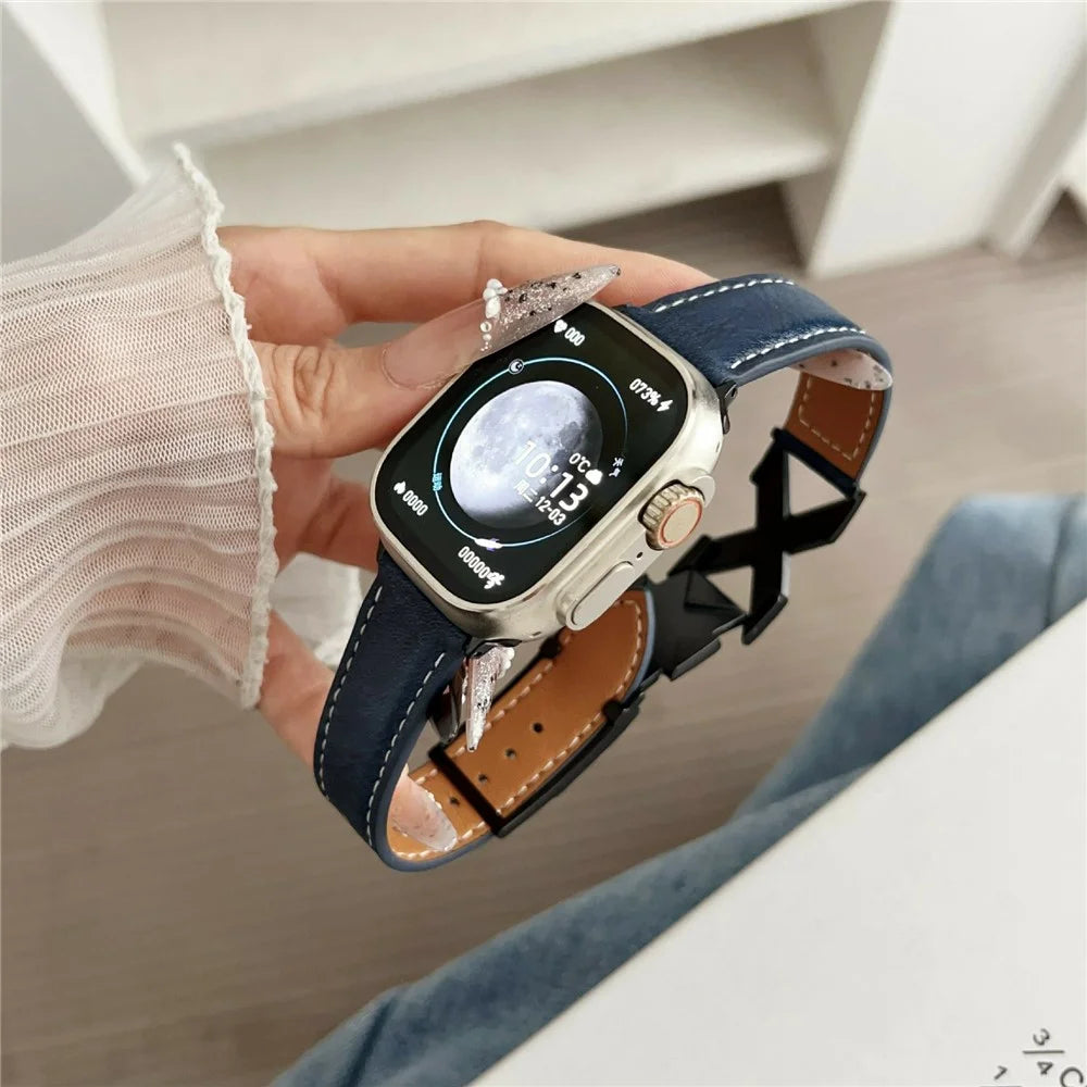 Genuine Leather Watch Band For Apple Watch Series 11 10 42mm / 9 8 7 41mm / SE3 SE2 SE 6 5 4 40mm / 3 2 1 38mm Strap with Magnetic Clasp X-Buckle - Dark Blue - 2