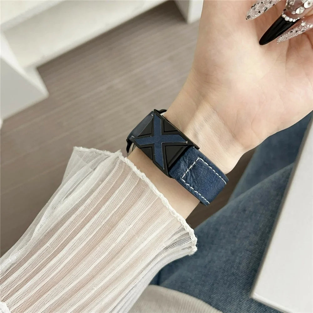 Genuine Leather Watch Band For Apple Watch Series 11 10 42mm / 9 8 7 41mm / SE3 SE2 SE 6 5 4 40mm / 3 2 1 38mm Strap with Magnetic Clasp X-Buckle - Dark Blue - 4
