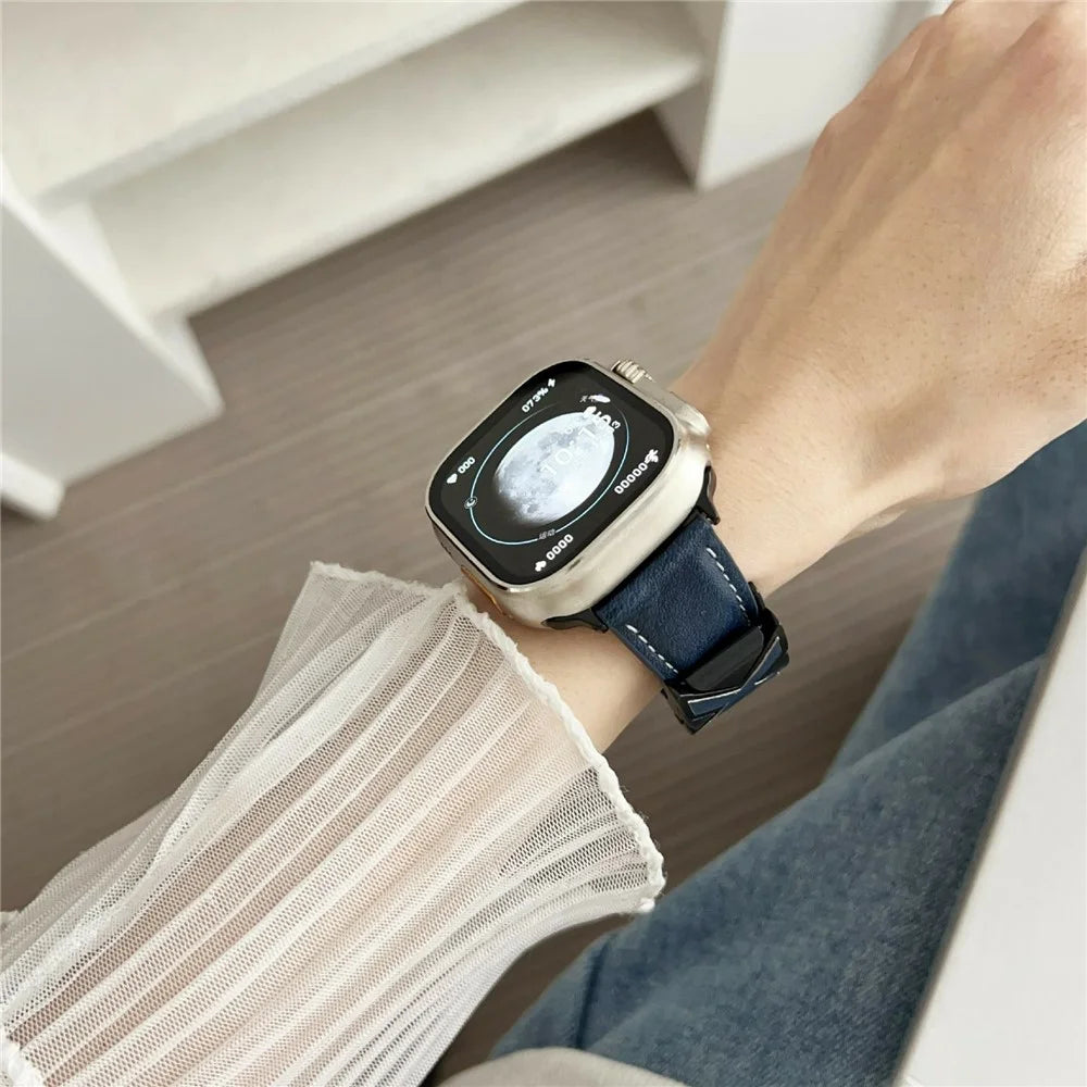 Genuine Leather Watch Band For Apple Watch Ultra 3 2 1 49mm / Series 11 10 46mm / 9 8 7 45mm / SE3 SE2 SE 6 5 4 44mm / 3 2 1 42mm Strap with Magnetic X-Buckle - Dark Blue - 3